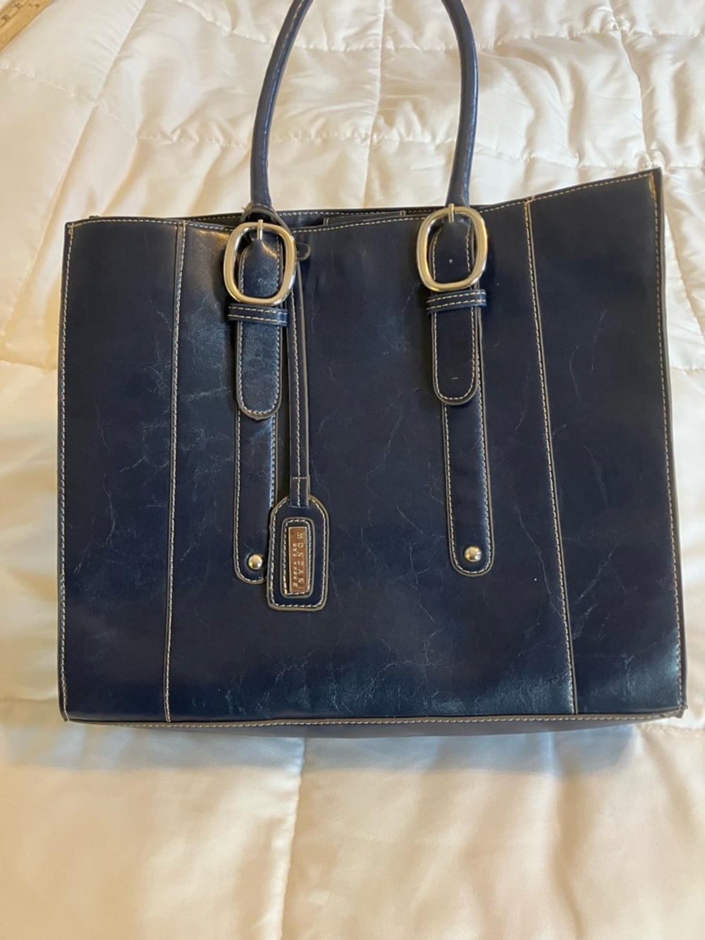 Mondani New York Navy Tote Bag Structured Work Purse Large Shoulder Bag